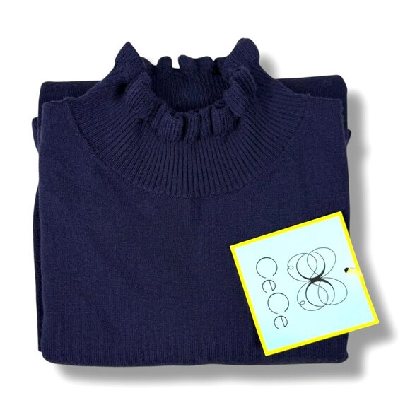 Cece Sweater Womens Sz M Classic Navy Ruffle Trim Mock Neck Pullover Academia NW - Picture 2 of 12